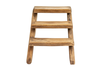 Rustic wooden step stool isolated on transparent background. Wooden ladder with steps isolated on white background.