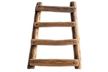 Rustic wooden step stool isolated on transparent background. Wooden ladder with steps isolated on white background.