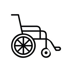 A stark black line drawing presents a wheelchair showcasing its seat backrest large spoked wheel and smaller front wheel