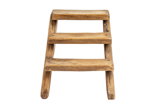 Rustic wooden step stool isolated on transparent background. Wooden ladder with steps isolated on white background.