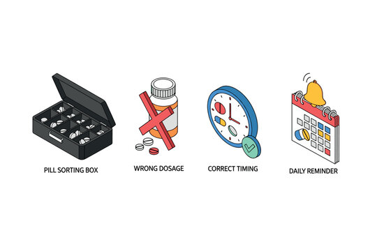 Medication management icons for health safety and organization