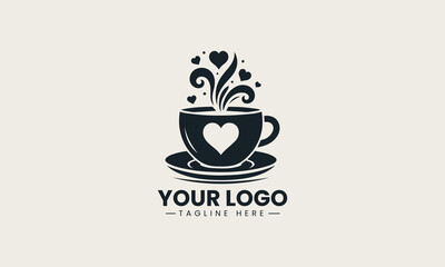 Black coffee cup silhouette with heart steam elegant minimal logo illustration design