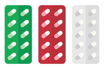 Medicine blister packs vector icon. Medicine pills, tablets, capsules. Set of capsule icon on white background. Oval drugs in silver, green, red foil packaging. Vector illustration.