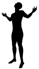 A silhouette of a man looking up with his arms outstretched. An illustration of a man looking up at the sky with his arms raised.
