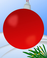 Large Blank Red Christmas Ornament with Pine Branch and Snow Background. Ideal background for seasonal text or holiday greetings.