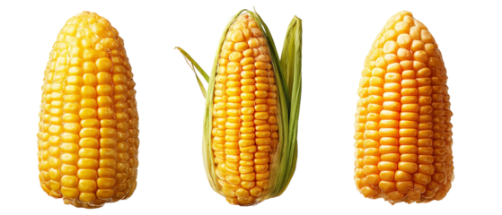 A vibrant display of fresh corn cobs arranged artistically, showcasing their golden kernels and green husks, set against a clean background, perfect for agricultural or culinary themes