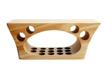 Antique wooden holder for small items isolated on transparent background. Wooden stand with holes isolated on white background.
