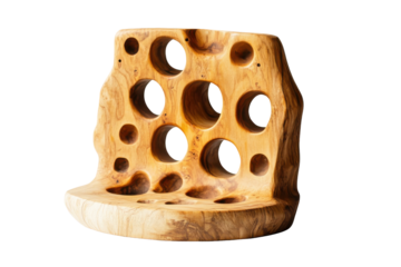 Antique wooden holder for small items isolated on transparent background. Wooden stand with holes isolated on white background.