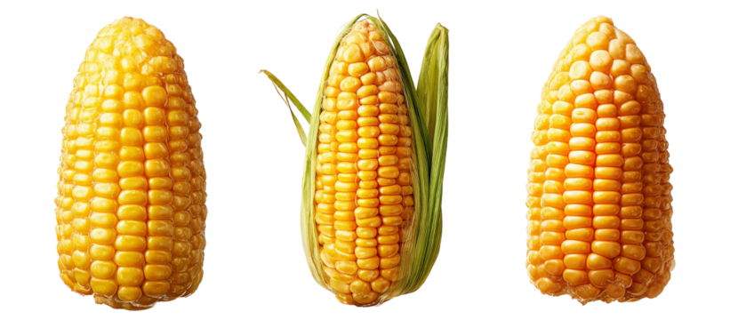 A vibrant display of fresh corn cobs arranged artistically, showcasing their golden kernels and green husks, set against a clean background, perfect for agricultural or culinary themes