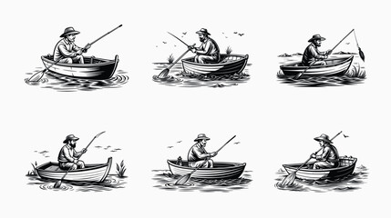 Stylized Black and White Illustrations of Fishermen in Boats on the Water
