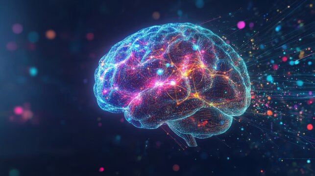 A digital brain with colorful neural signals emitting technology