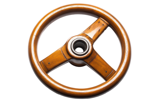 Vintage wooden steering wheel isolated on transparent background. Wooden steering wheel with a hole in the center isolated on white background.
