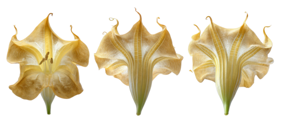 Three golden flowers display their intricate petals, showcasing delicate textures and subtle color variations, set against a clean background ideal for botanical studies or design use