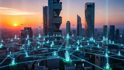 Futuristic cityscape with glowing digital network connections overlaying skyscrapers at sunset, symbolizing smart city technology and global connectivity - Powered by Adobe