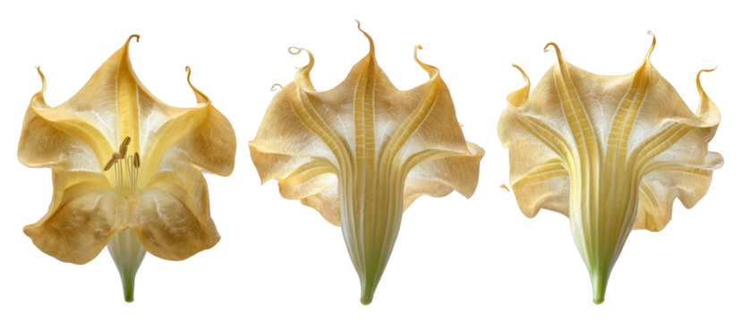 Three golden flowers display their intricate petals, showcasing delicate textures and subtle color variations, set against a clean background ideal for botanical studies or design use