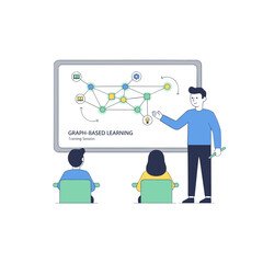 Male Presenter Standing Next to Whiteboard Explaining Graph Based Learning Data Visuals and Performance Bars to Students Sitting in a Modern Classroom Flat Vector Style