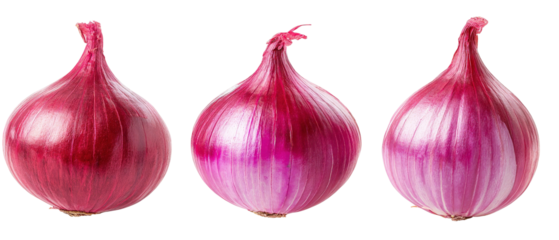 Three vibrant red onions arranged in a row, showcasing their glossy skin and unique shapes, set against a clean white background, ideal for culinary or food-related imagery