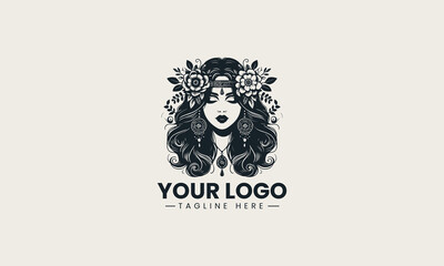 Black woman face silhouette wearing floral crown and long curly hair artistic logo