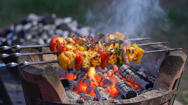 Delicious paneer tikka skewers being grilled over open flame a popular north Indian appetizer perfect for parties and celebrations