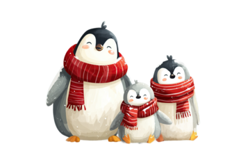 Adorable penguin family with festive red scarves sharing warm winter cheer and joy