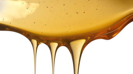 Golden liquid dripping, flowing with rich texture, like honey or syrup, glossy and sweet, creating abstract patterns isolated on transparent background