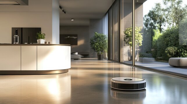 A robotic vacuum cleaner cleaning a modern home interior