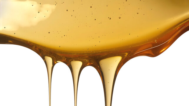 Golden liquid dripping, flowing with rich texture, like honey or syrup, glossy and sweet, creating abstract patterns isolated on transparent background