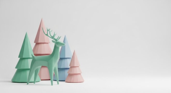 Minimalist 3D Christmas scene with a mint green low poly deer and pastel geometric trees