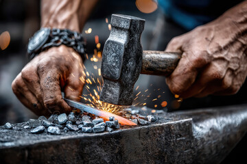 Blacksmith crafts a blade with hammer and anvil at midday, sparks flying from metalwork