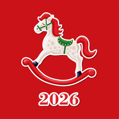 Rocking horse on red background. Christmas and New Year greeting card