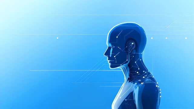 Digital art wallpaper background. A digital artwork depicting a human head with a blue hue, featuring a series of lines and dots that form the outline of the head.