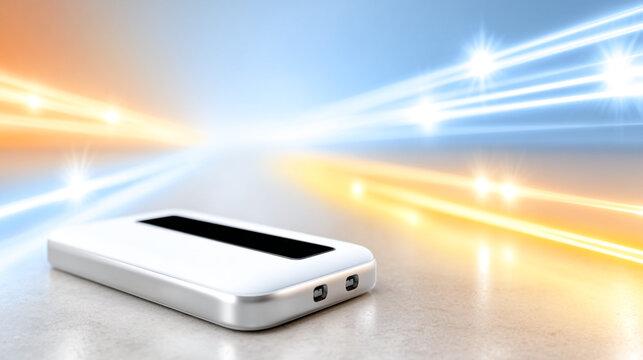 Modern smartphone mock up with blank screen on a reflective surface, surrounded by dynamic light trails in blue and orange hues, showcasing innovative technology and design