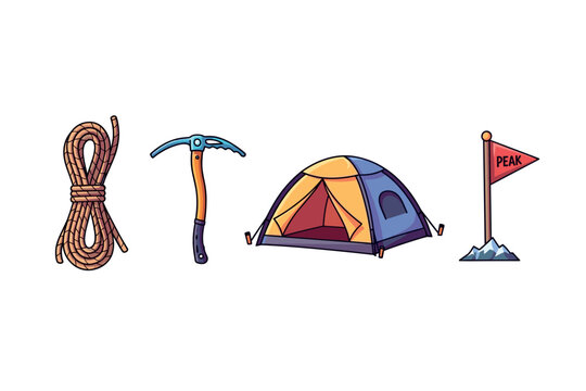 Mountain climbing and adventure camping icons for outdoor enthusiasts