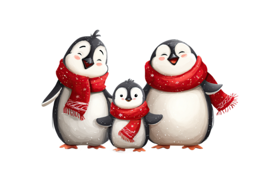 Adorable penguin family wearing cozy red scarves, perfect for festive holiday designs