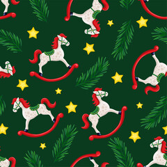 rocking horse on green background. Seamless pattern.Texture for fabric, wrapping, wallpaper	
