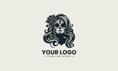 Black woman skull silhouette with long wavy hair and flower detailed logo illustration