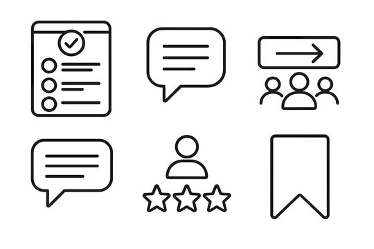 OER Engagement Icons. Line style icons of learner engagement with OER: interactive quiz icon, content comment bubble, share with