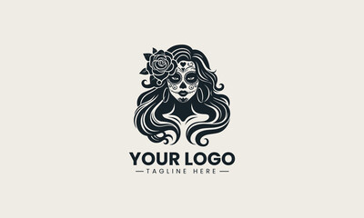Black woman skull silhouette with long wavy hair and flower detailed logo illustration