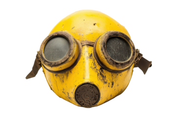 Vintage yellow gas mask with goggles isolated on transparent background. Yellow mask with goggles isolated on white background.