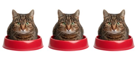 Three tabby cats sitting in red bowls, displaying curious expressions, with a plain background emphasizing their features, ideal for pet care or animal-related content
