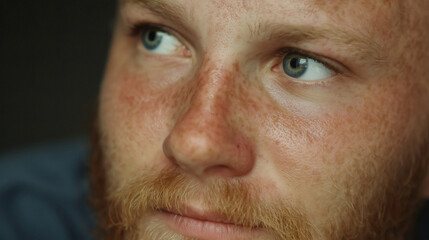 Intense blue eyes gaze thoughtfully showcasing a man's freckled face and warm ginger beard in close up detail