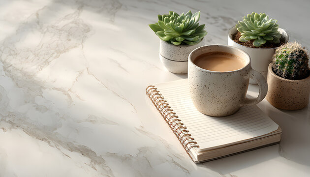 Flat lay of a blank notebook, coffee, and greenery on a marble surface, perfect for journaling or planning
