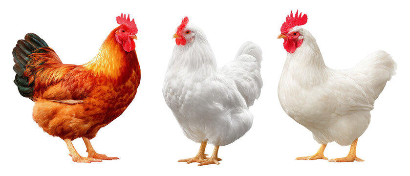 Three distinct chickens showcasing different breeds and colors, standing side by side against a transparent background, representing poultry diversity for educational or culinary purposes