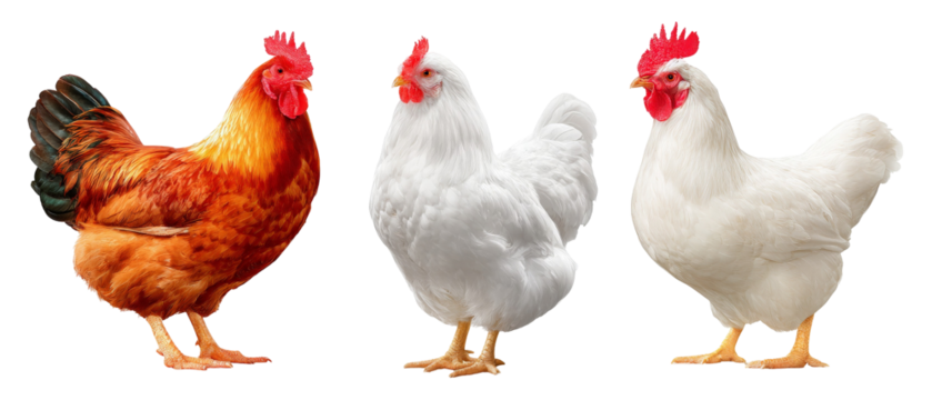 Three distinct chickens showcasing different breeds and colors, standing side by side against a transparent background, representing poultry diversity for educational or culinary purposes