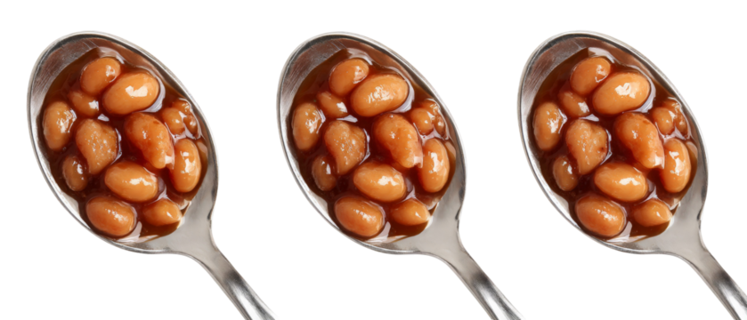 Three silver spoons filled with baked beans, arranged in a row against a transparent background, highlighting the texture and color of the beans for culinary use