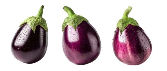 A vibrant display of three fresh, glossy eggplants with varying shades of purple and green tops, arranged artistically against a clean background, ideal for culinary use
