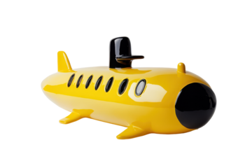 Cute yellow cartoon submarine isolated on transparent background. Yellow submarine with a black round isolated on white background.