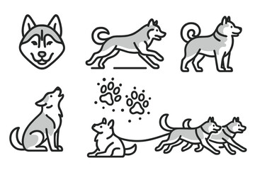 Sled Dog Icons. Line style icons of sled dogs: husky head, running husky, malamute, paw prints in snow, howling dog, two-dog team.