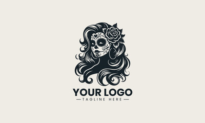 Black woman skull silhouette with long wavy hair and flower detailed logo illustration