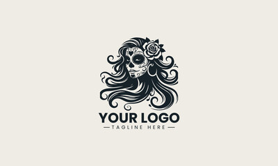 Black woman skull silhouette with long wavy hair and flower detailed logo illustration